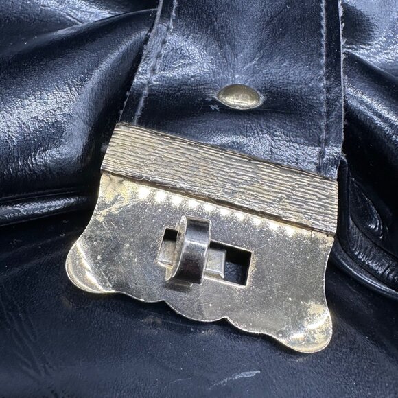 Vintage Purse Black Patent Shoulder Bag Bow Gold Metal Clasp Mid Century Retro - Picture 7 of 15